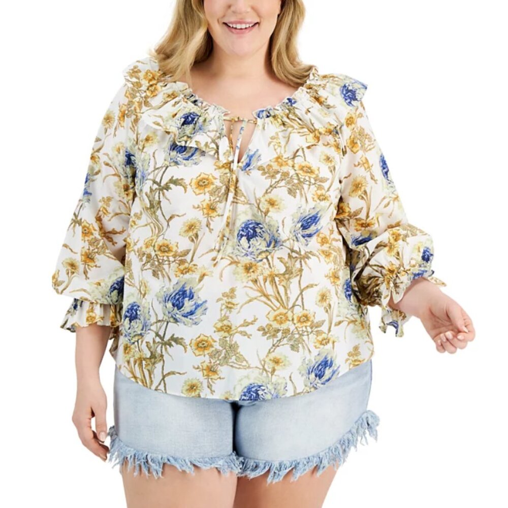 New INC International Concepts 4X Floral Ruffle Feminine Cotton Long‎ Sleeve Top
